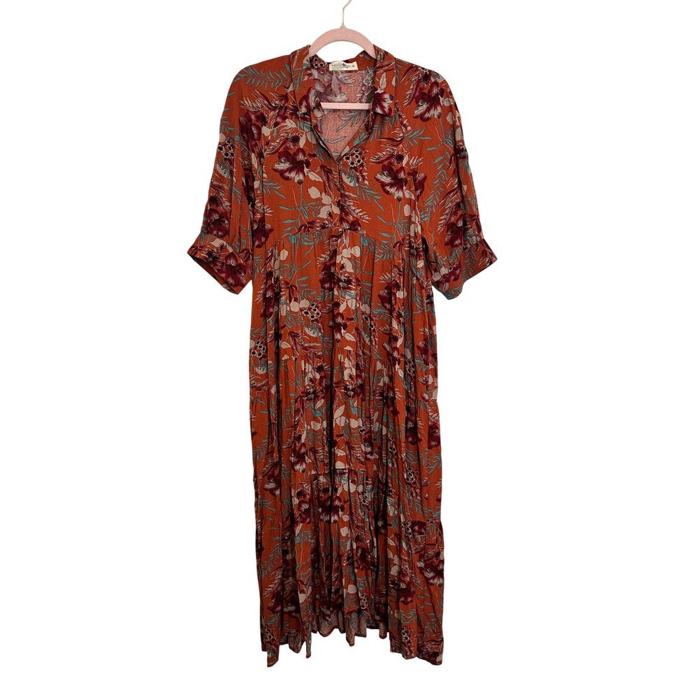 Natural Life Rebecca Midi Dress Size M Burnt Orange Floral Tiered Skirt Pockets
